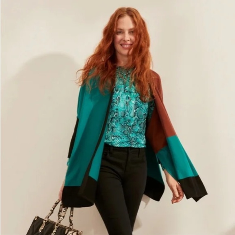 Chico's Teal and Brown Knit Ruana Cardigan Colorblock